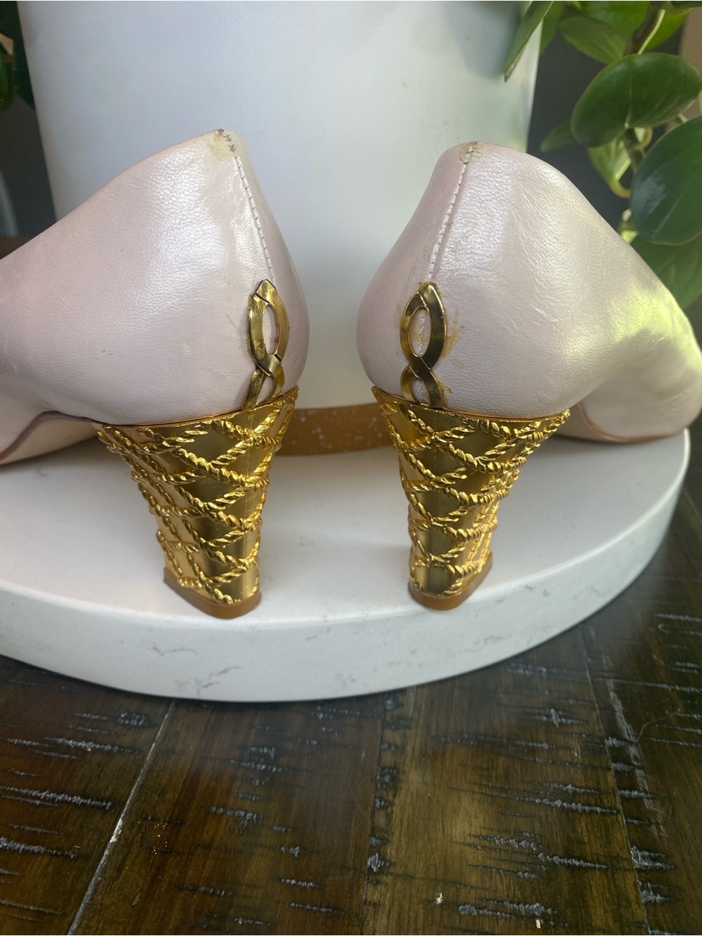 Norma B Blush Pink Leather Pump Gold Quilted Block Heel Size 8 Vtg Spain 2.5in - Picture 7 of 12